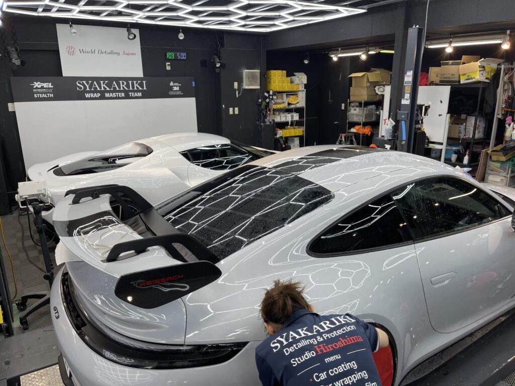 ポルシェ GT3 プロテクションフィルム 広島|フルPPF施工車両のリアビュー しゃかりき